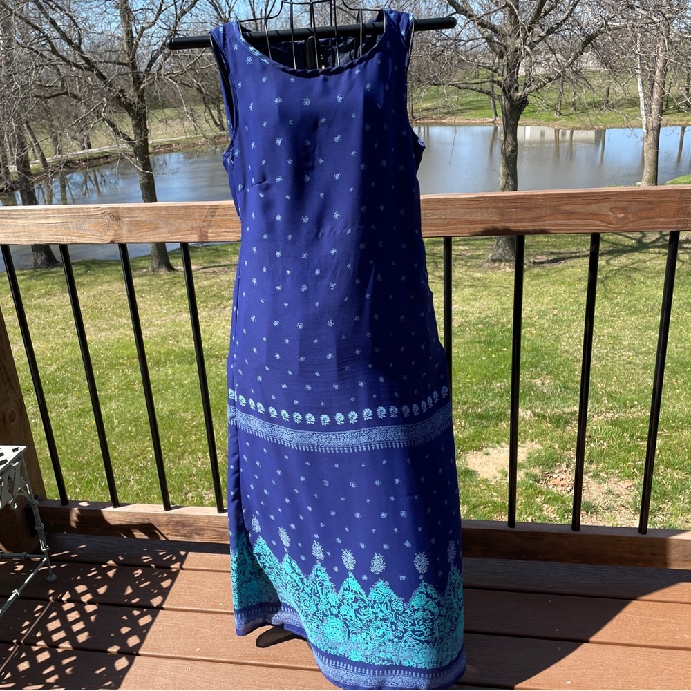 Vintage Y2K JKLA California Women's Royal Blue Maxi Dress Aqua Accents Sz Medium
